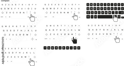 Professional compact digital keyboard set featuring virtual QWERTY layouts with touch hand gestures for mobile app interface design