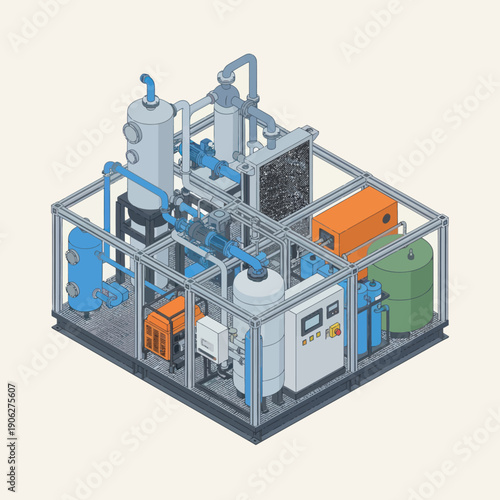 Industrial Equipment and Machinery in Metal Frame.