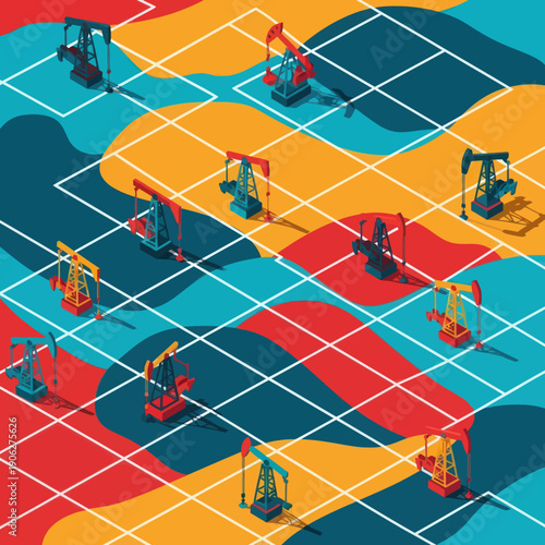 Oil Rigs in Grid Pattern Illustration.
