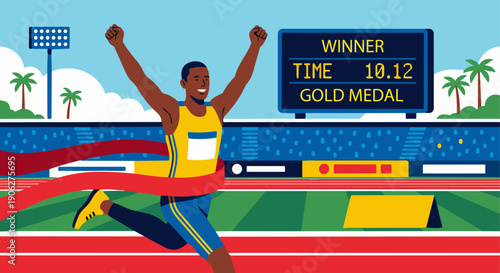Track Athlete Celebrating Victory

Flat vector illustration of a track athlete celebrating after winning a race. Arms raised, finish line ribbon or scoreboard visible. Flat vector style, joyful sports