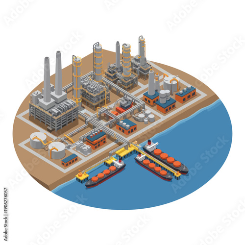 Industrial Oil Refinery with Cargo Ships.