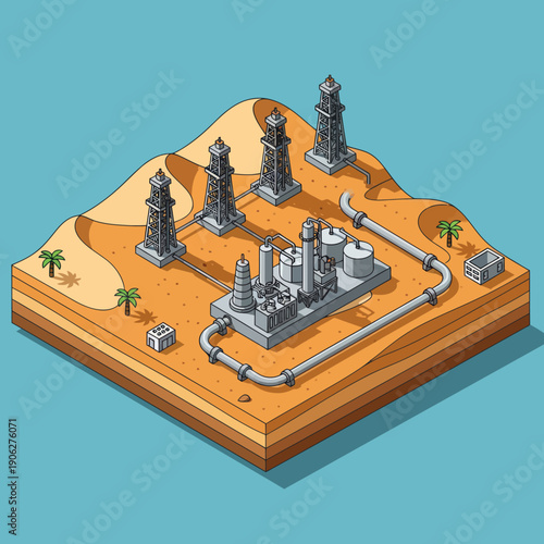 Isometric Oil Refinery and Drilling Rigs.