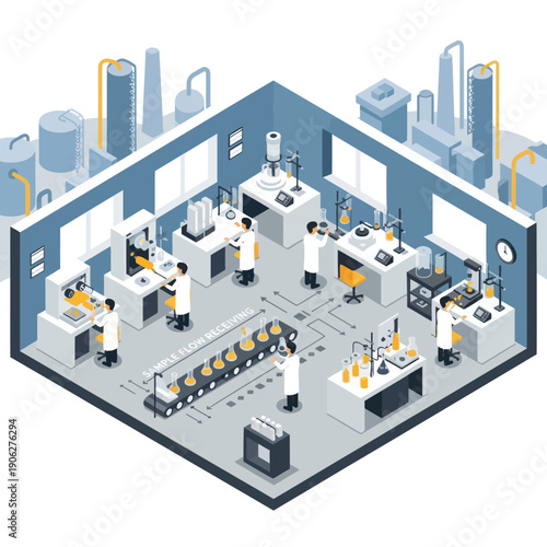 Laboratory Scene with Scientists Working Equipment.