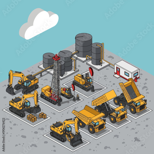 Isometric Heavy Machinery Equipment at Industrial Site.