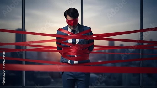 Business Man Blindfolded and Tied With Red Tape In Modern Office With Cityscape View At Sunset Showing Restriction and Stress