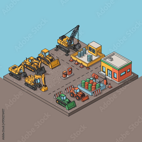 3D Construction Site with Heavy Machinery.