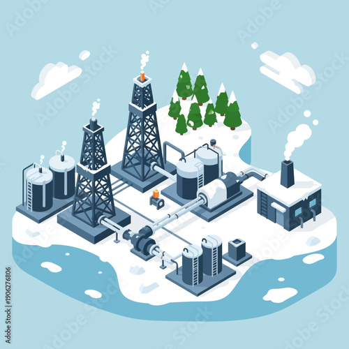 Isometric Oil Refinery Plant in Winter Landscape.