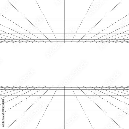 White horizon between mesh floor and ceiling in digital world. Moving energetic grid structure of fine lines. Simple black and white dynamic vector background