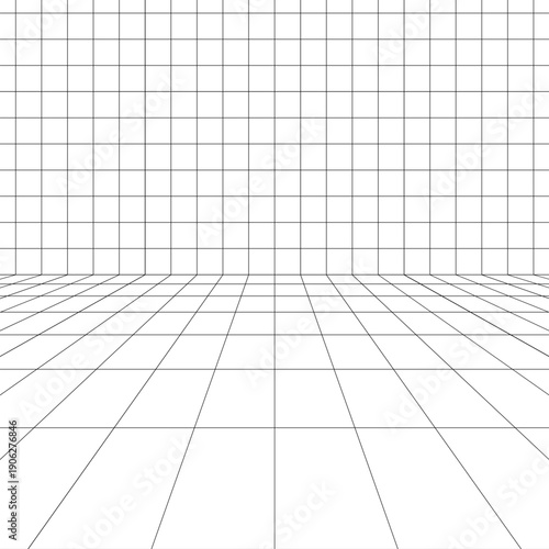 Part of digital room floor and far wall. Moving energetic grid structure of fine lines. Simple black and white dynamic vector background