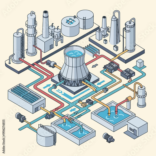 Nuclear Power Plant Diagram Illustration Detailed View.