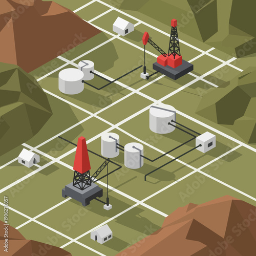 Oil Refinery and Storage Facility Illustration.
