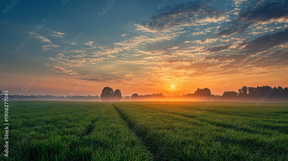Naklejka premium Sunrise over green agricultural field with mist