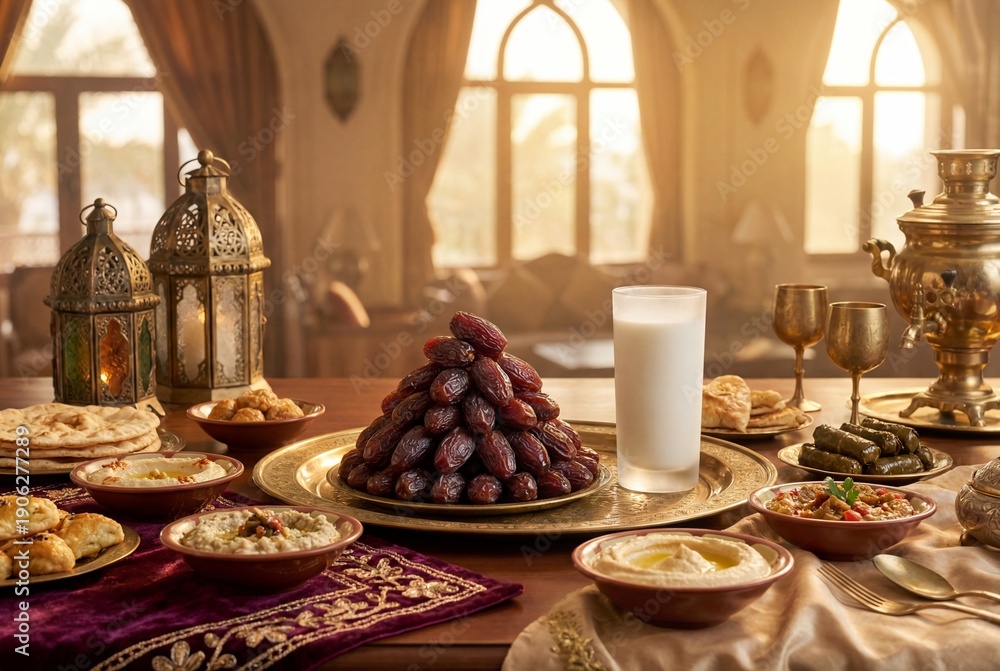 Fototapeta premium Luxurious iftar spread with dates milk and traditional dishes