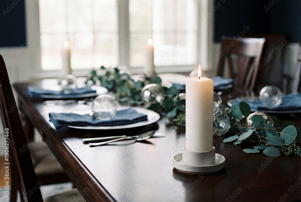 Fototapeta premium Elegant white pillar candle with a steady flame on a decorated dining table