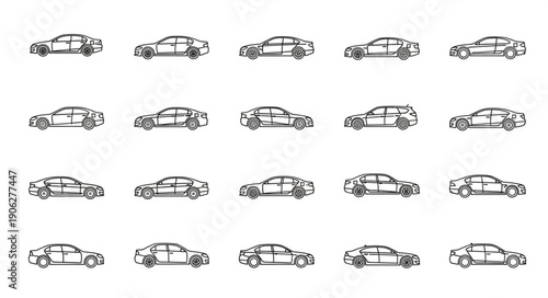 Collection of Hand Drawn Sports Car Silhouettes on White Background.