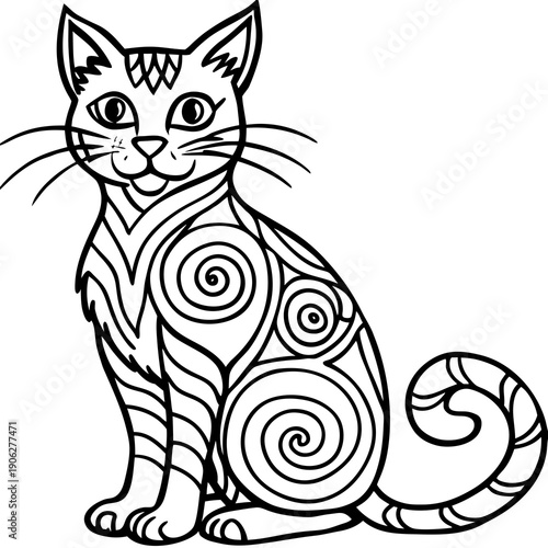 Folk alpona art cat sitting gracefully with spiral patterns, traditional Indian motifs, and decorative elements.