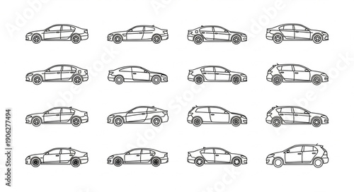 Collection of Hand Drawn Sports Car Silhouettes Isolated on White Background.