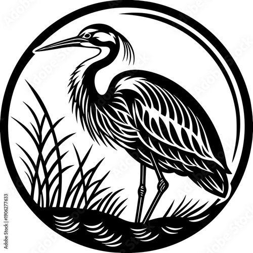 Calm heron alpona in a standing posture with thin elegant lines, representing patience and tranquility.