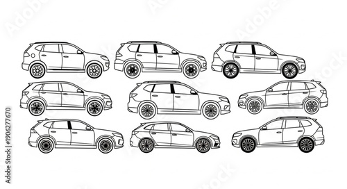 Collection of Hand Drawn SUV Cars in Black and White Sketch Style.