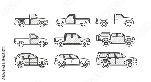 Collection of Hand Drawn Pickup Trucks and SUVs.