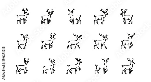 Collection of hand drawn reindeer illustrations in various poses.
