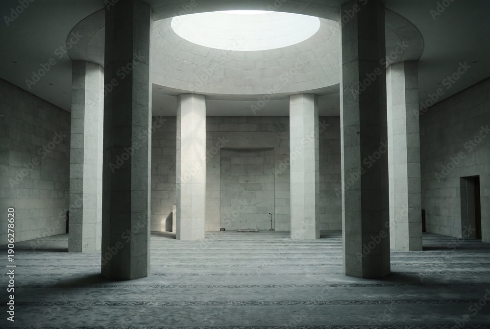 Fototapeta premium Minimalist mosque interior with tall stone columns and circular skylight illuminating the prayer hall
