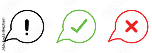 Right, wrong, tick, cross, checkmark, exclamation, question mark icons set in colorful outline and solid vector illustration.
