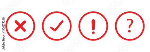 check mark, exclamation point, x or cross mark icon set. Approve, reject and warning symbol. right , wrong and warning sign