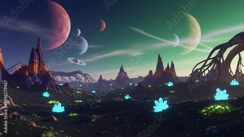 Glowing plants thrive on a distant planet with multiple moons orbiting a dark landscape.