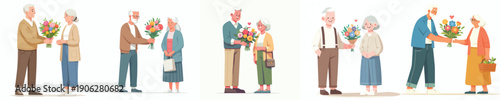 vector of a old couple standing giving flowers on Valentine's Day