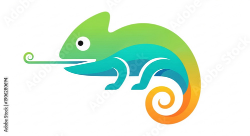 Colorful chameleon with curled tongue on white background symbolizing adaptability and change