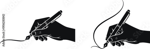 Minimalist vector illustration of human hands writing with pen, showing signature gesture and calligraphy line, isolated on white background for business and creative design use