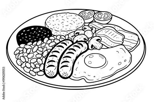 Hand-drawn line art illustration of a full English breakfast platter. Detailed black ink sketch featuring sausages, fried egg, bacon, beans, mushrooms, tomatoes, and toast on a plate.