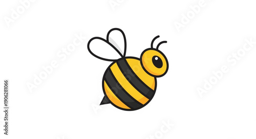 A cartoon bee with yellow and black stripes flies in mid air on a white background with a friendly expression