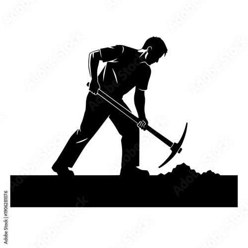 High-contrast black silhouette of a laborer or miner using a pickaxe. Minimalist graphic illustration of a person engaged in hard manual labor, excavation, or construction work against a plain backgro