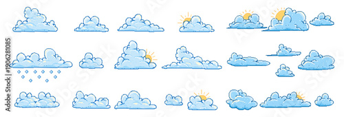 Pixel style cloud weather icon set.