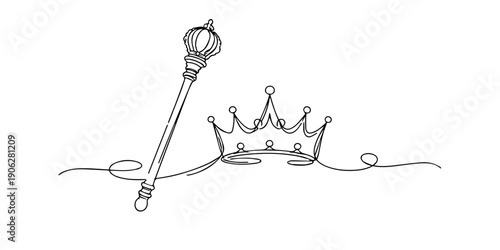 Single line style illustration of a royal crown and king scepter. Minimalist line art showing symbols of monarchy, power, leadership, and authority in elegant outline design.