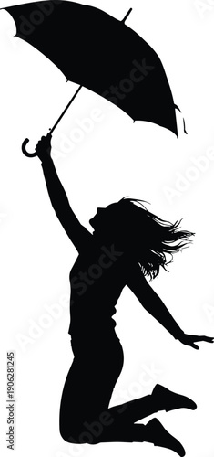 Silhouette of joyful woman jumping with umbrella in rain celebrating freedom, happiness and movement against white background, minimalist concept of weather, lifestyle and positivity
