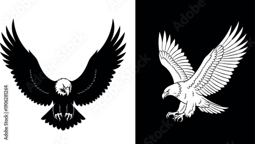 Bald eagle silhouette vector illustration set featuring a majestic bird of prey in flight with open wings isolated on black and white minimalist background backgrounds.