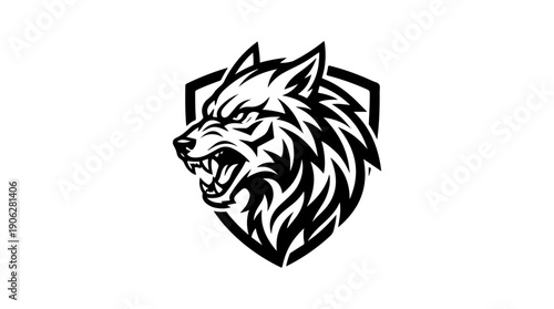 Aggressive wolf head logo design on a shield, black and white illustration.