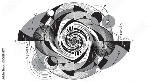 Abstract spiral design with geometric shapes and lines in grayscale.