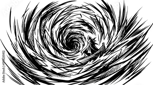 Black and white artwork of a person in a vortex.