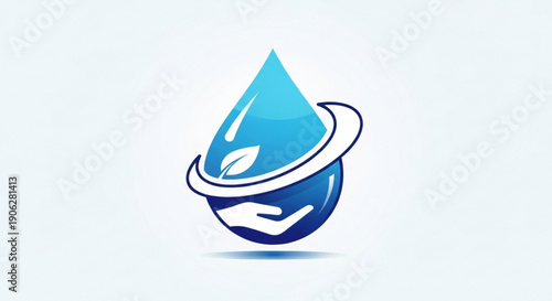 Blue water droplet logo design with earth element and clean energy concept on white background