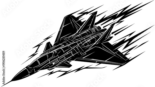 Black and white illustration of a fighter jet in flight.