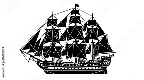 Black silhouette of a majestic sailing ship on a white background.