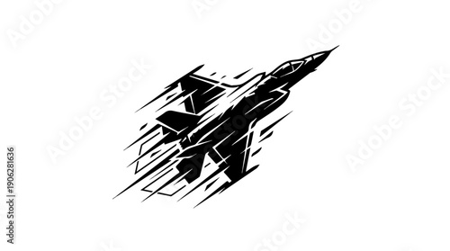 Black silhouette of a fighter jet soaring through the sky.
