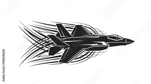 Black silhouette of a modern fighter jet in flight with speed trails.