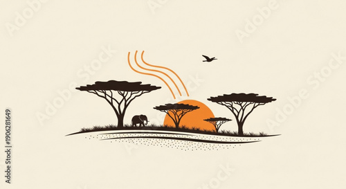 Serene savannah landscape with acacia trees elephant and bird at sunset warm orange hues and black silhouettes on beige background