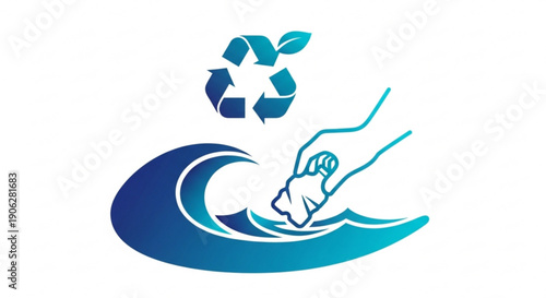 Hand holding ocean wave with recycling symbol and leaf eco friendly concept for environmental conservation and sustainability