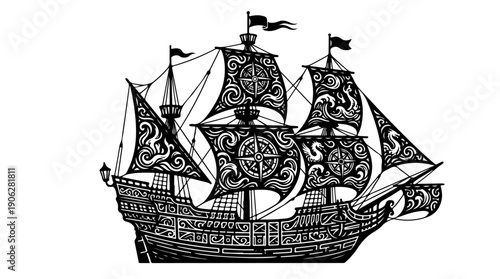 Detailed illustration of a vintage sailing ship with intricate designs and patterns.